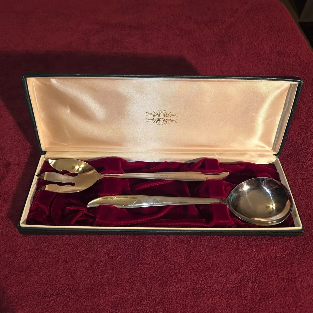 Vintage Nasco Starette Stainless Salad Serving Set 2pc Atomic Star Japan Boxed